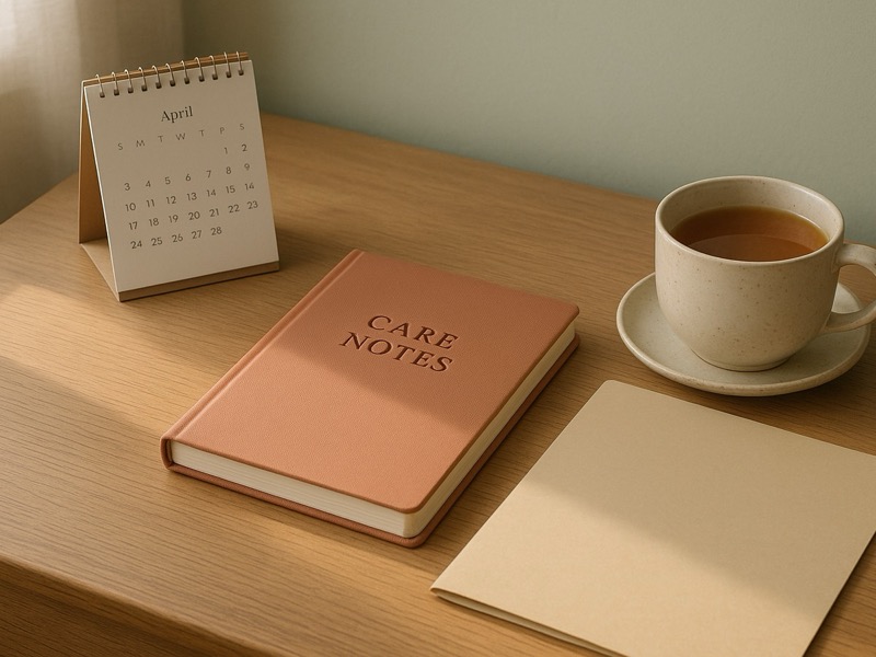 Desk scene with care notes, a calendar, and a cup of tea, evoking a calm assessment process.